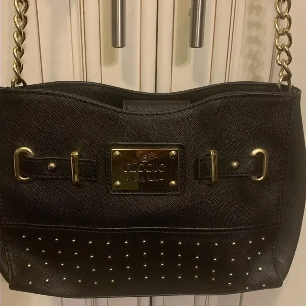 Nicole Miller Black & Gold Satchel Purse -